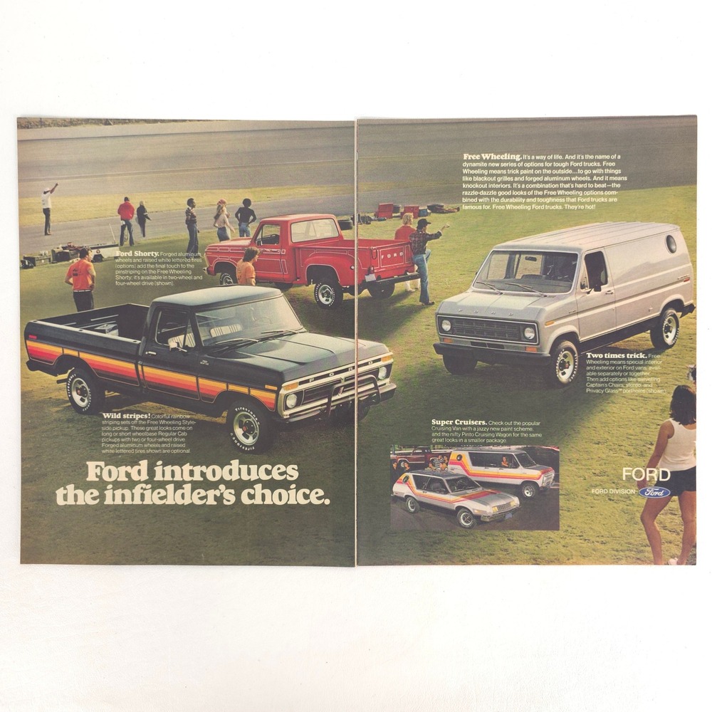 Ford Fielders Choice Trucks Print Ad 1977 Styleside Van Shorty Cruisers Baseball